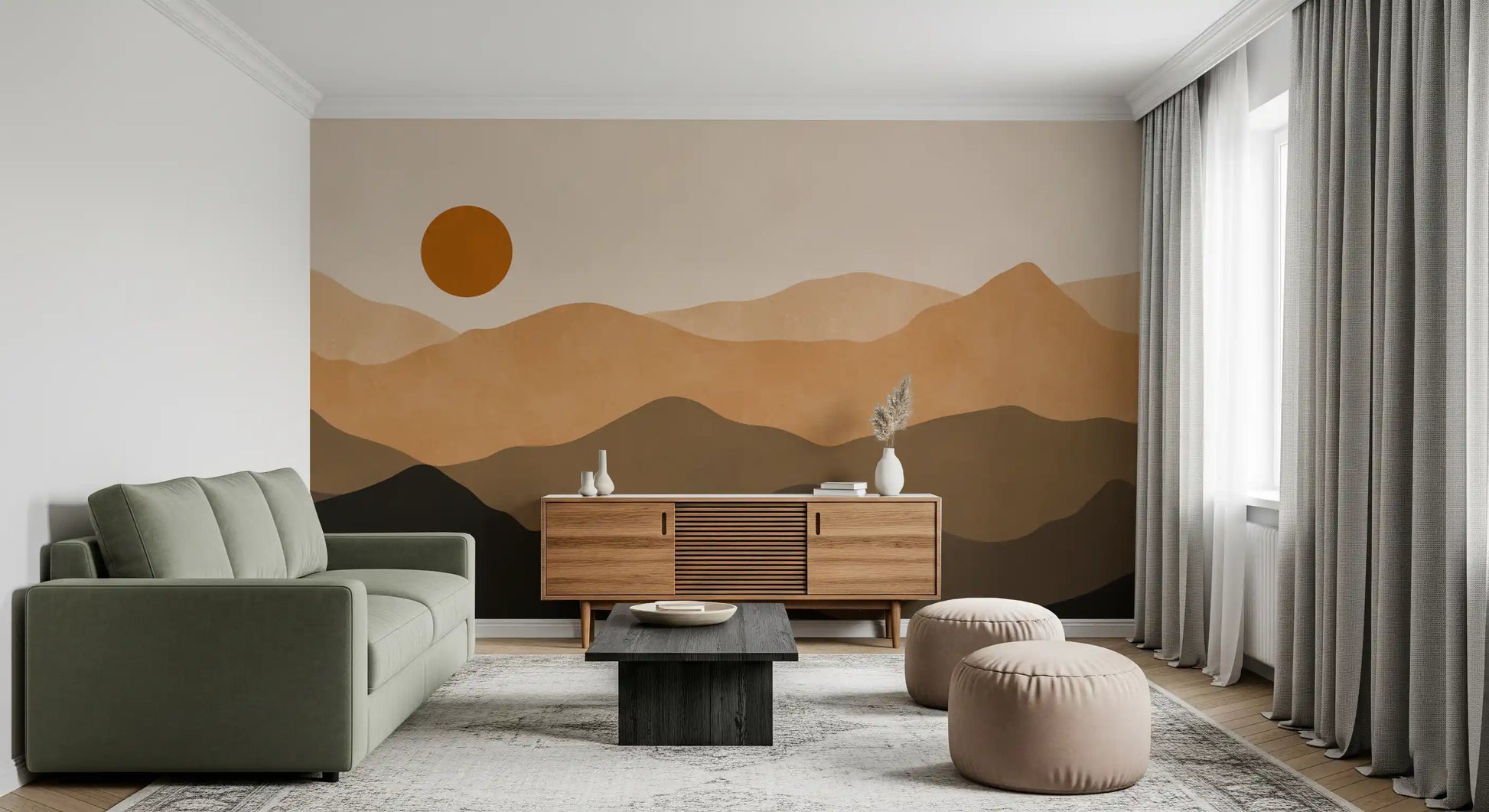 Warm earthy peaks mural across the wall with a calm cream horizon and round sun., GD10293