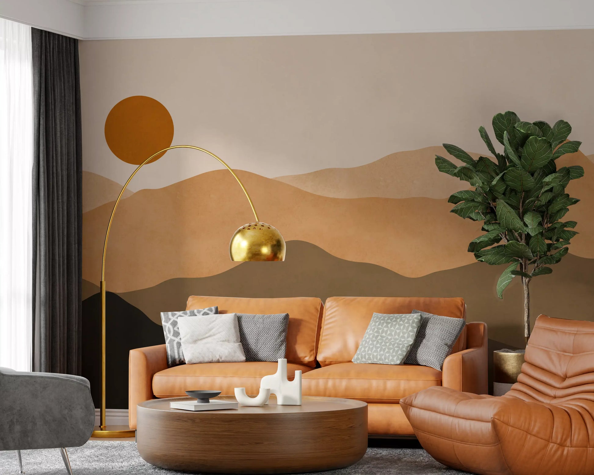 Earth-tone mountain wall mural with painterly ridges and a single round sun., GD10293