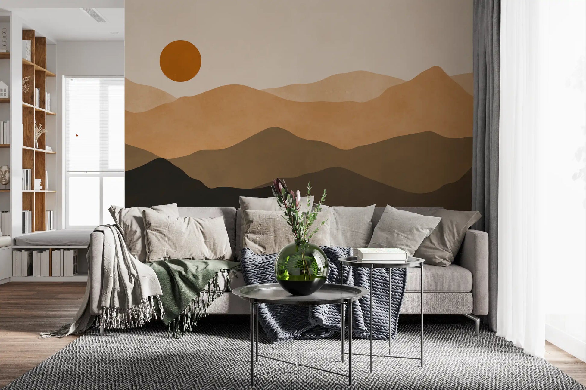 Layered mountain landscape wall mural in tan, umber and near-black with a soft burnt sun., GD10293