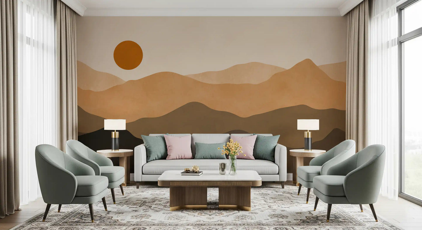 Earthy mountain sunset wall mural with tan, terracotta, and dark umber ridges., GD10293
