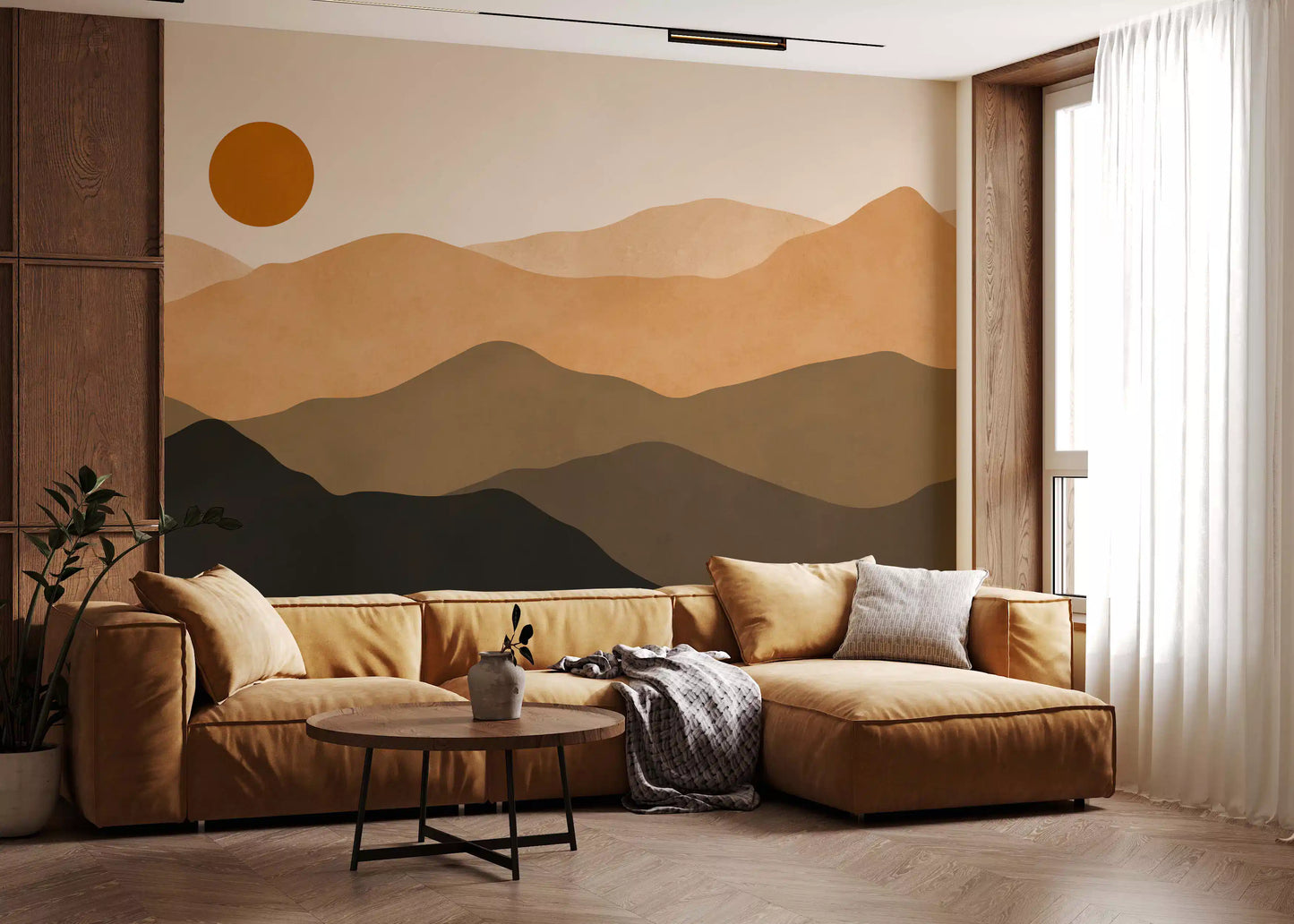 Mountain ridge wall mural with grainy watercolour edges in tan, terracotta, and umber., GD10293