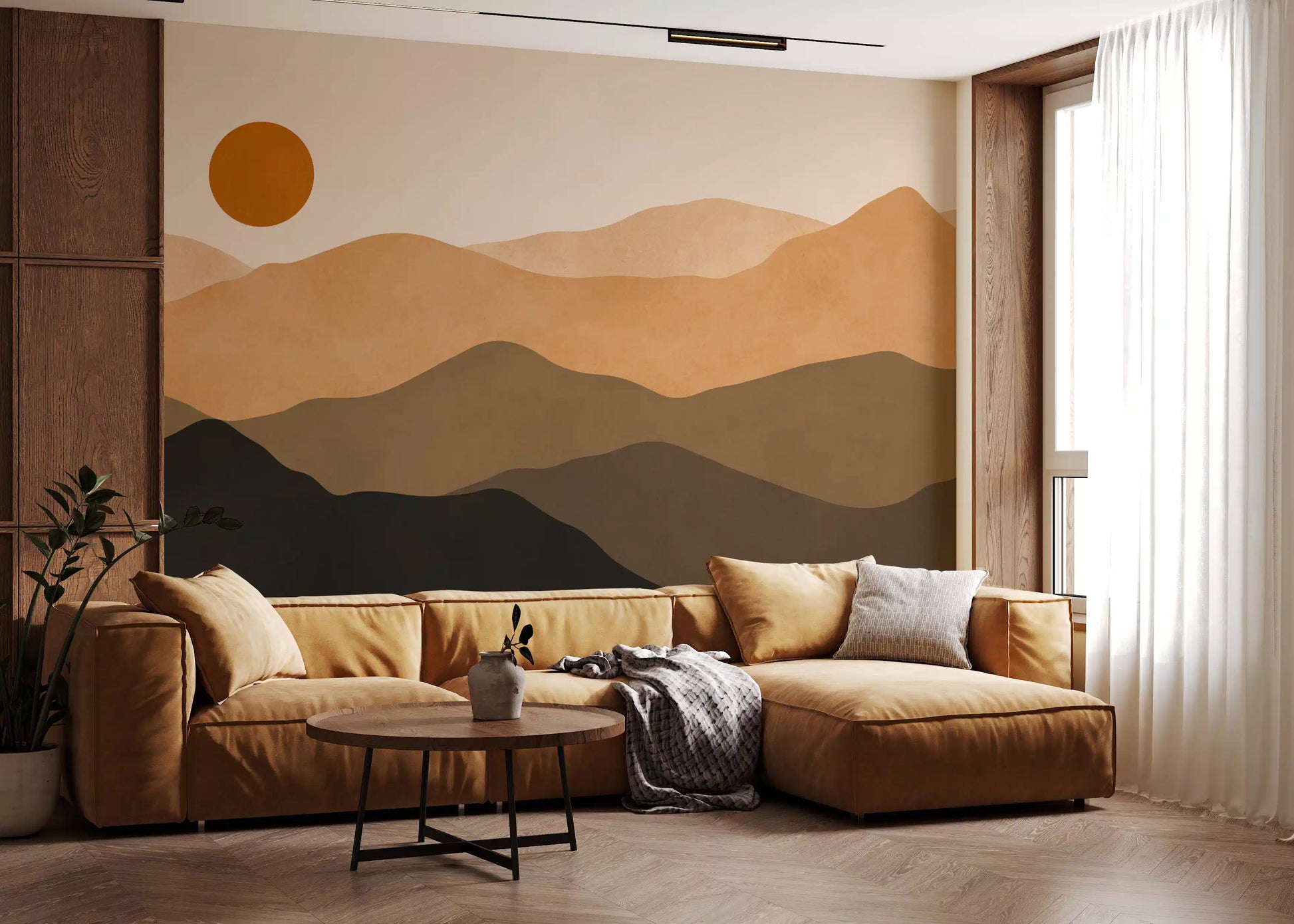 Mountain ridge wall mural with grainy watercolour edges in tan, terracotta, and umber., GD10293