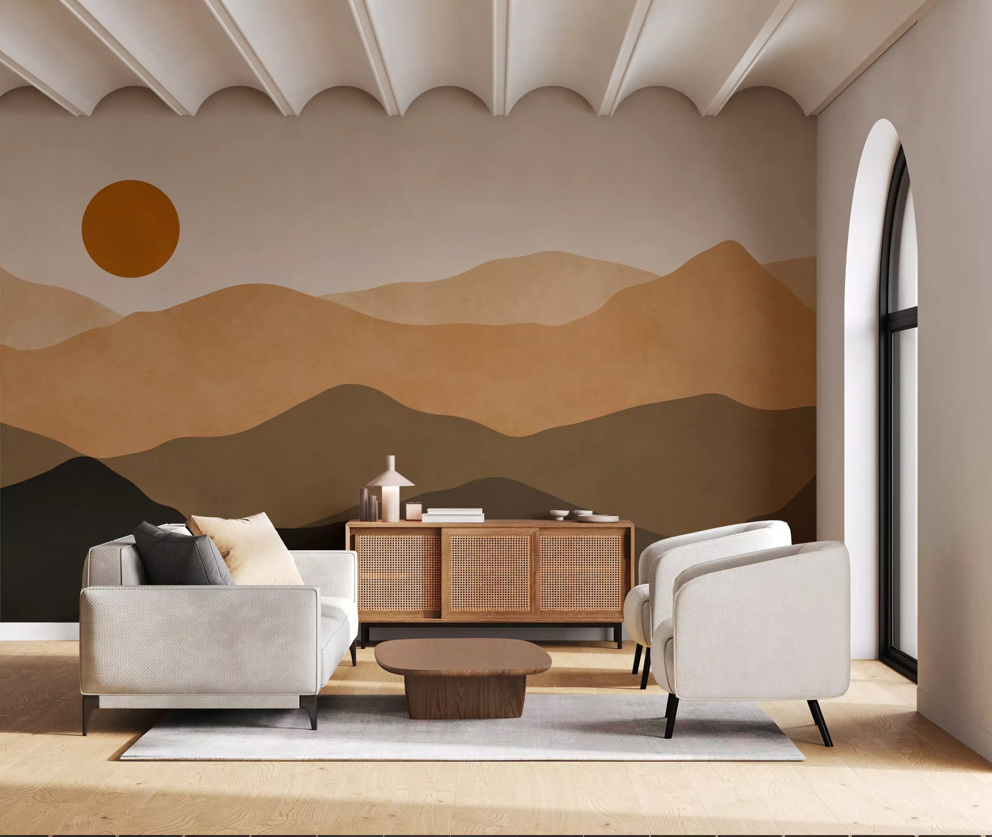 Burnt orange sun wall mural with  layered mountain ranges in warm earth tones., GD10293