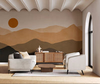 Burnt orange sun wall mural with  layered mountain ranges in warm earth tones., GD10293