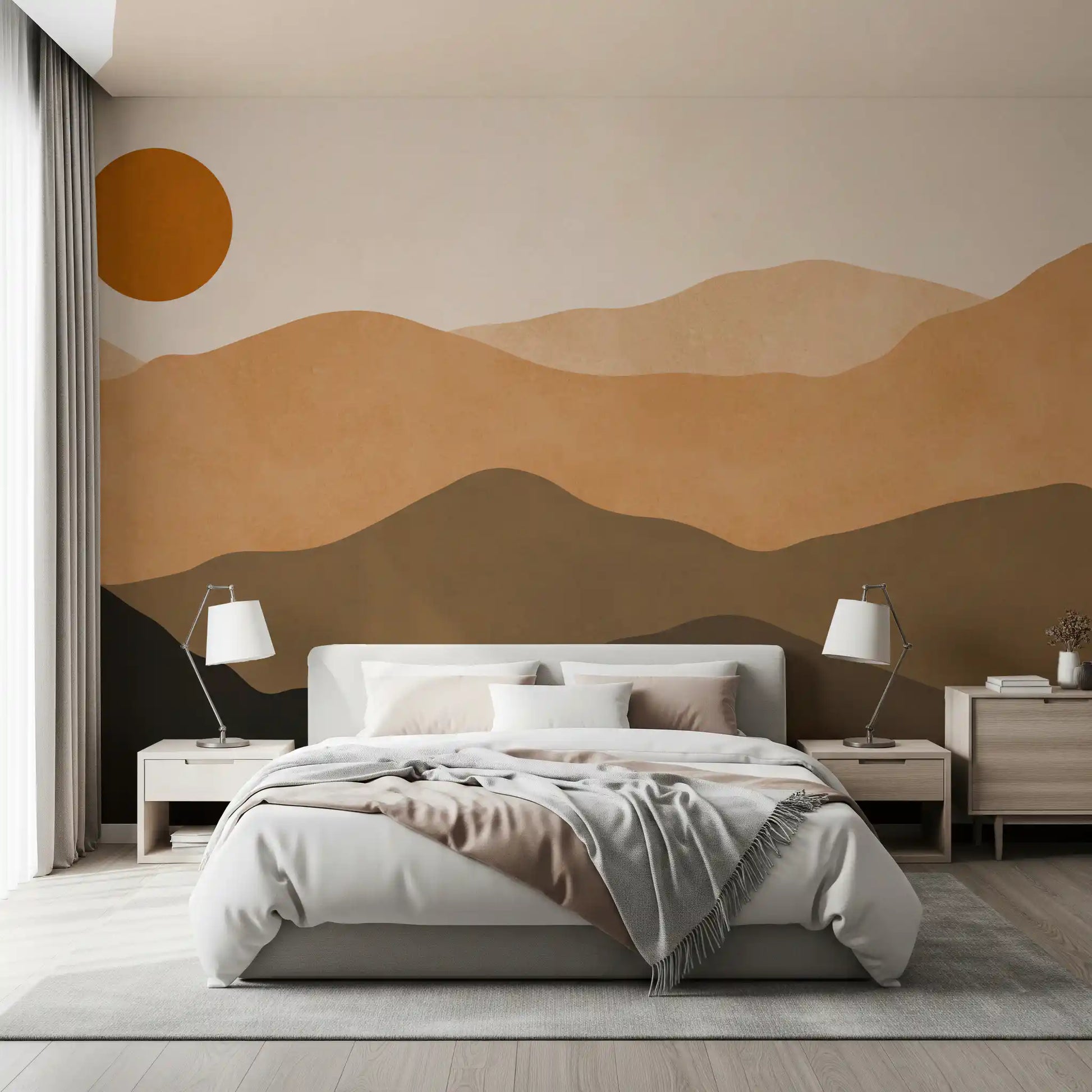 Bedroom wall mural featuring layered earth-tone mountain landscape with terracotta sun., GD10293