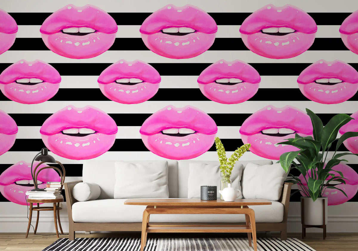 Living room wall mural featuring fuchsia lip and stripe pattern with strong pop colour., GD10294