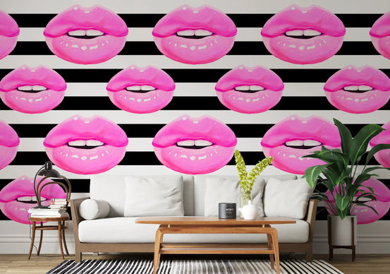 Living room wall mural featuring fuchsia lip and stripe pattern with strong pop colour., GD10294
