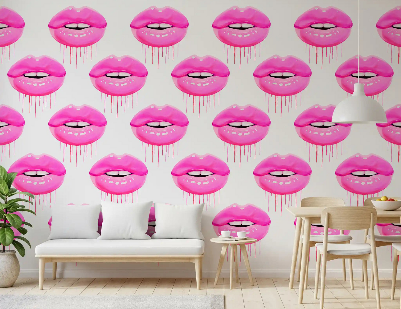 Dining room wall mural featuring fuchsia lip and drip pattern with bold pop colour on white. 