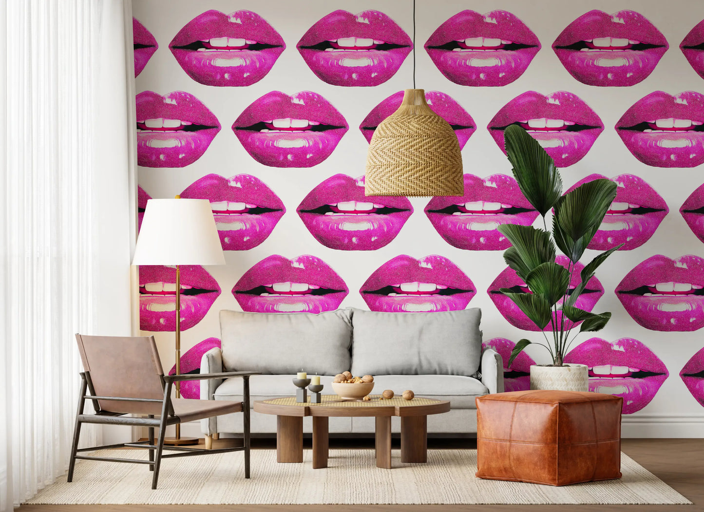 Glossy pop lip wall mural in pushed-pink magenta tones for living area.