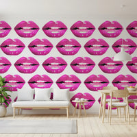 Saturated pink lips wall mural in tight repeat across white with a near-neon pop look. 