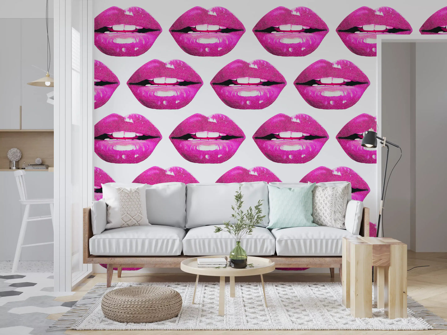 Pink pout pop wall mural with bold magenta lips repeating on a clean white field. 