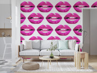 Pink pout pop wall mural with bold magenta lips repeating on a clean white field. 