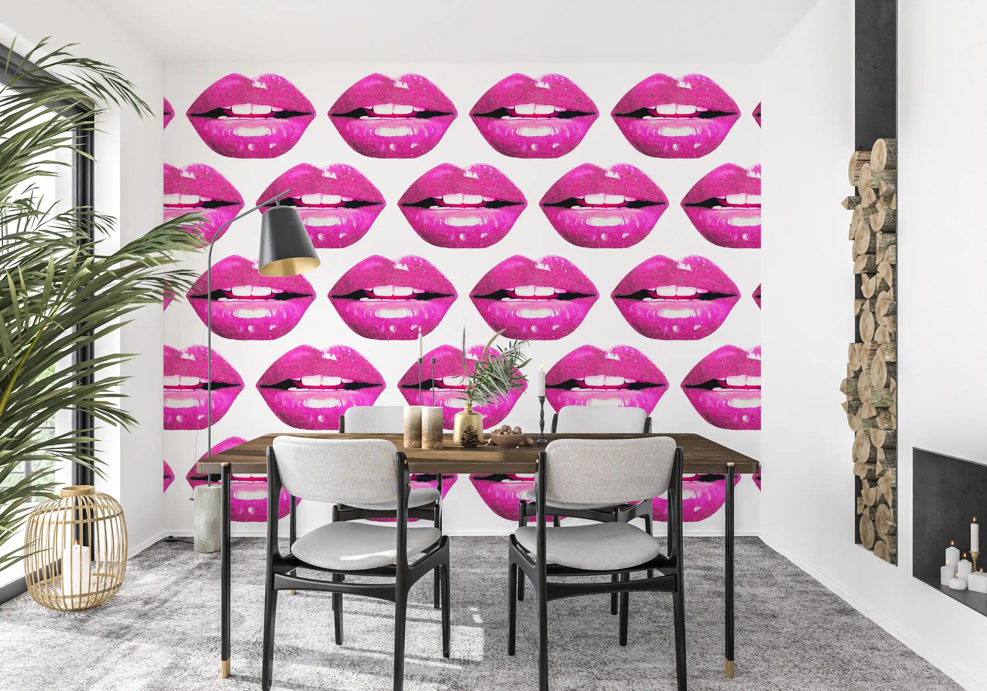 Rows of glossy magenta lips arranged edge to edge across a stark white wall mural. 