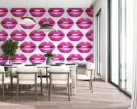 Hot magenta lip motifs wall mural in clean repeat rows on white surface.