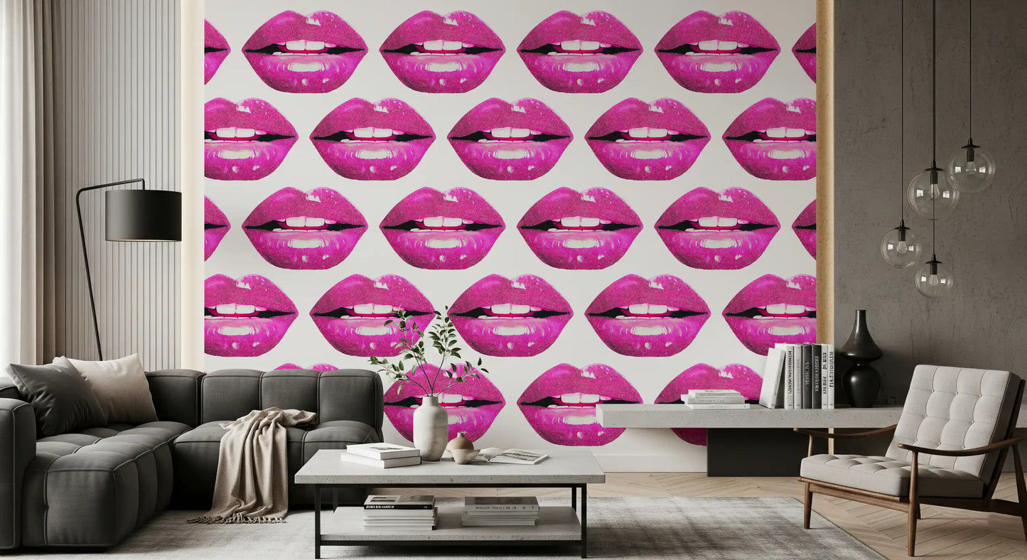 Fashion-pop wall mural with bold magenta lips lined up in glossy horizontal rows.