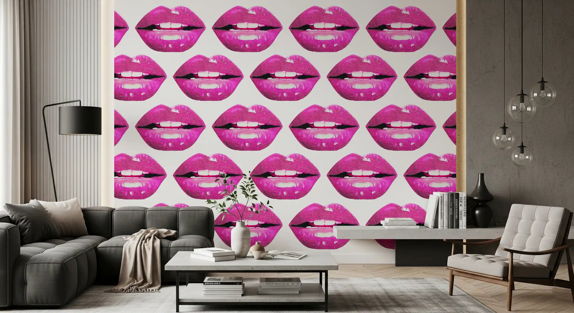 Fashion-pop wall mural with bold magenta lips lined up in glossy horizontal rows.