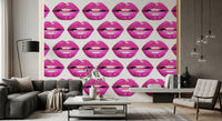 Fashion-pop wall mural with bold magenta lips lined up in glossy horizontal rows.