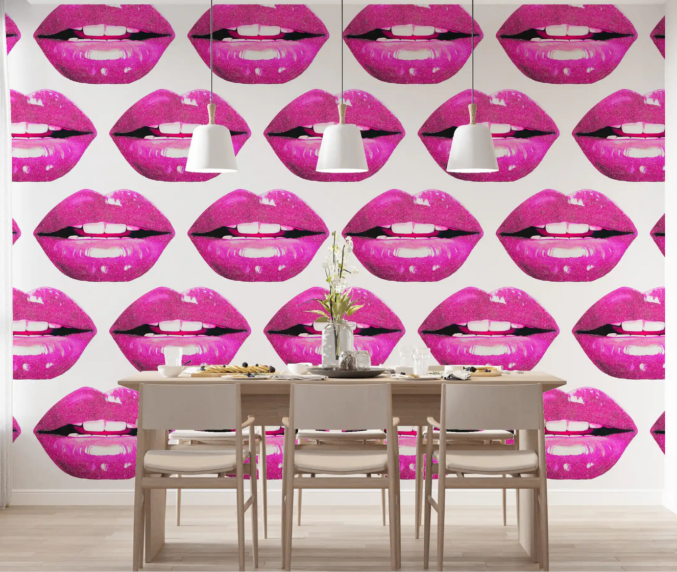 Dining room wall mural featuring magenta lip repeat pattern with strong pop colour. 