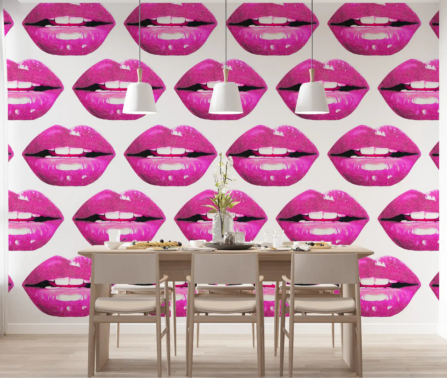 Dining room wall mural featuring magenta lip repeat pattern with strong pop colour. 