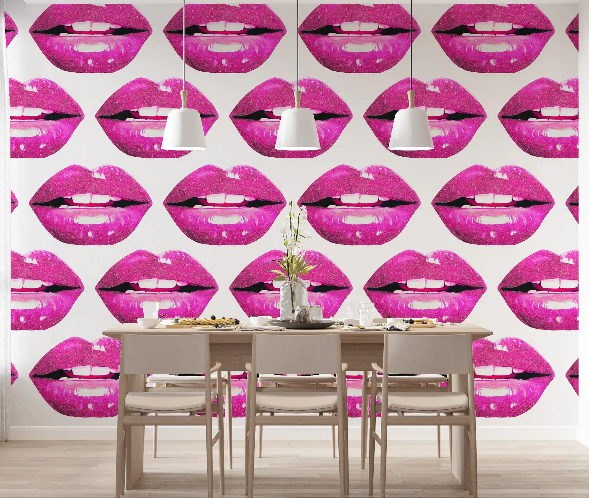 Dining room wall mural featuring magenta lip repeat pattern with strong pop colour., GD10296