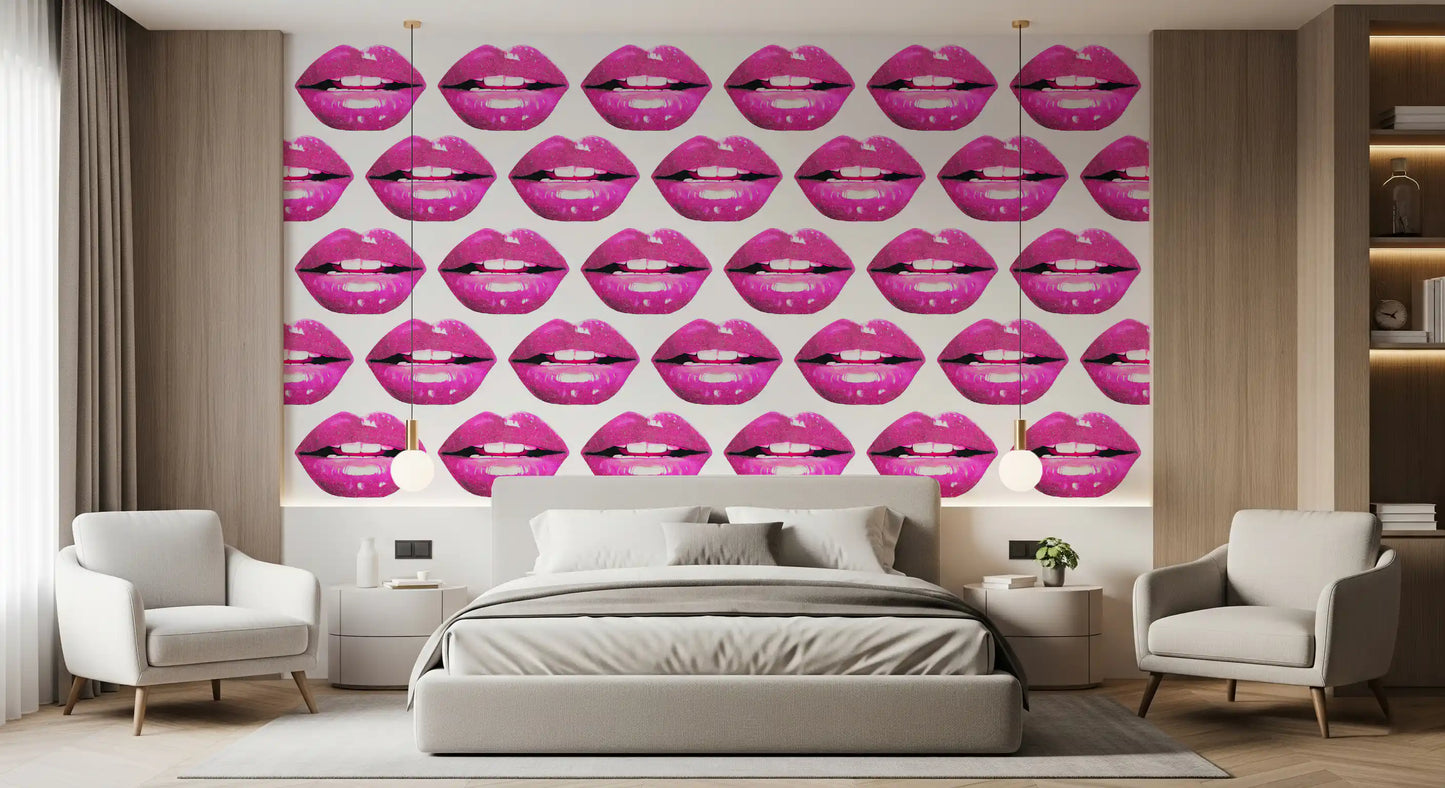 Bedroom wall styled with pink pout pop mural in bold magenta and white tones. 