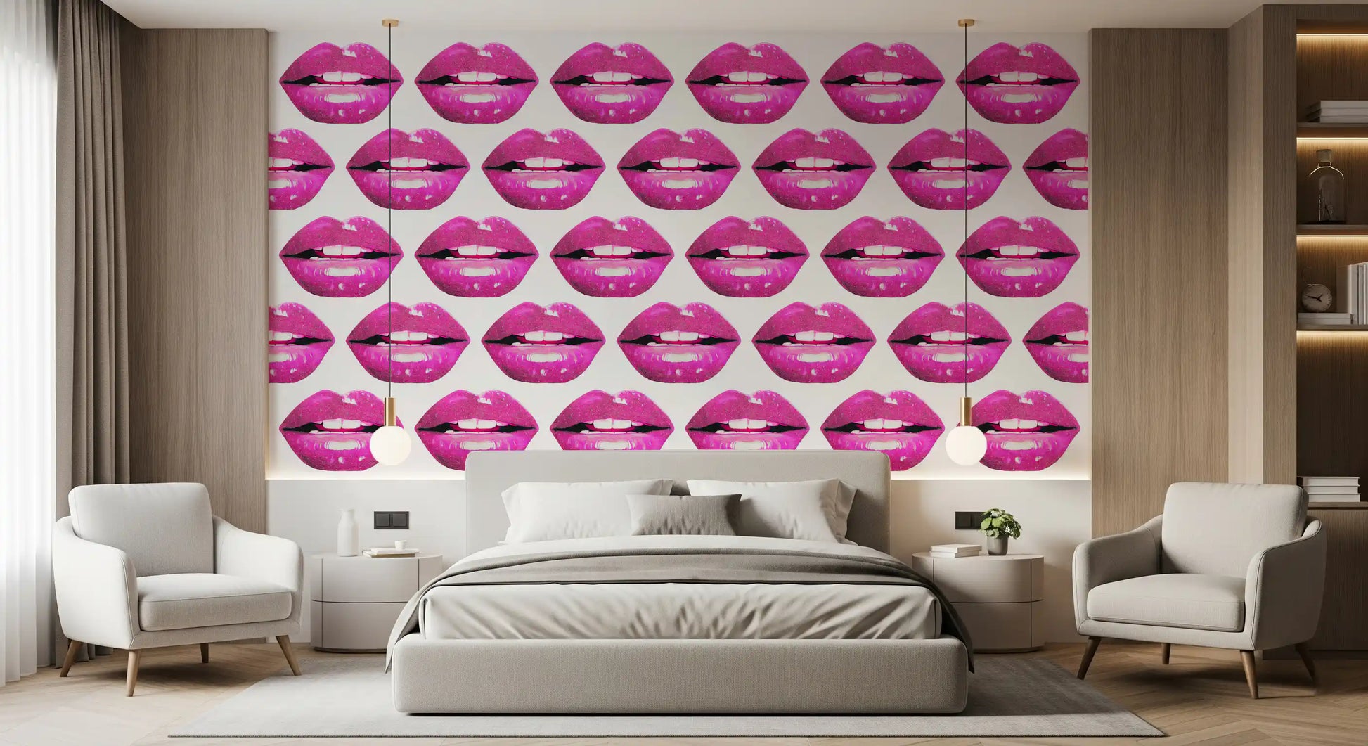 Bedroom wall styled with pink pout pop mural in bold magenta and white tones. 