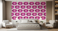 Bedroom wall styled with pink pout pop mural in bold magenta and white tones. 