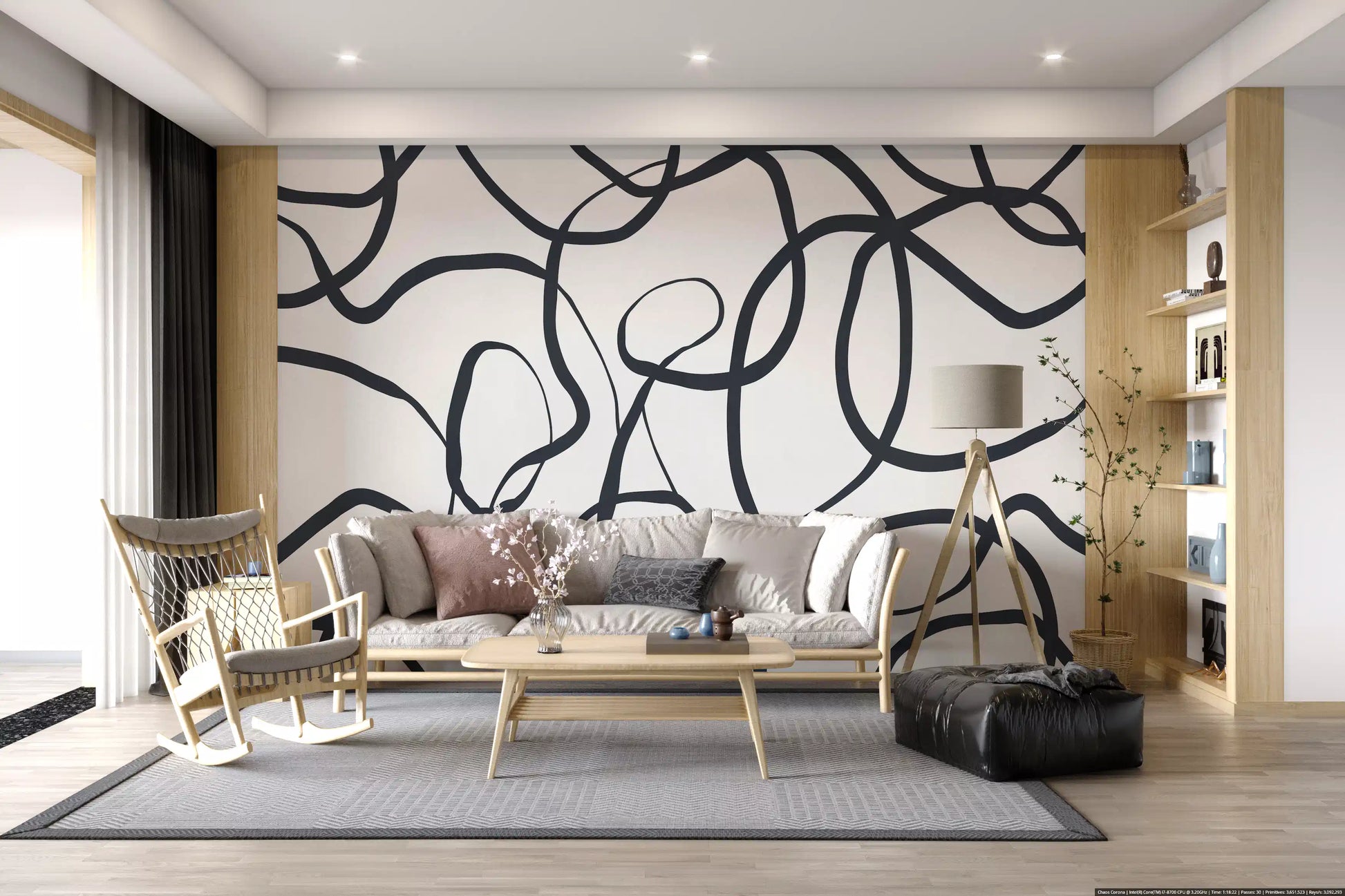 Abstract Serpentine Lines Wall Mural with Black and white tone in living room., GD10297