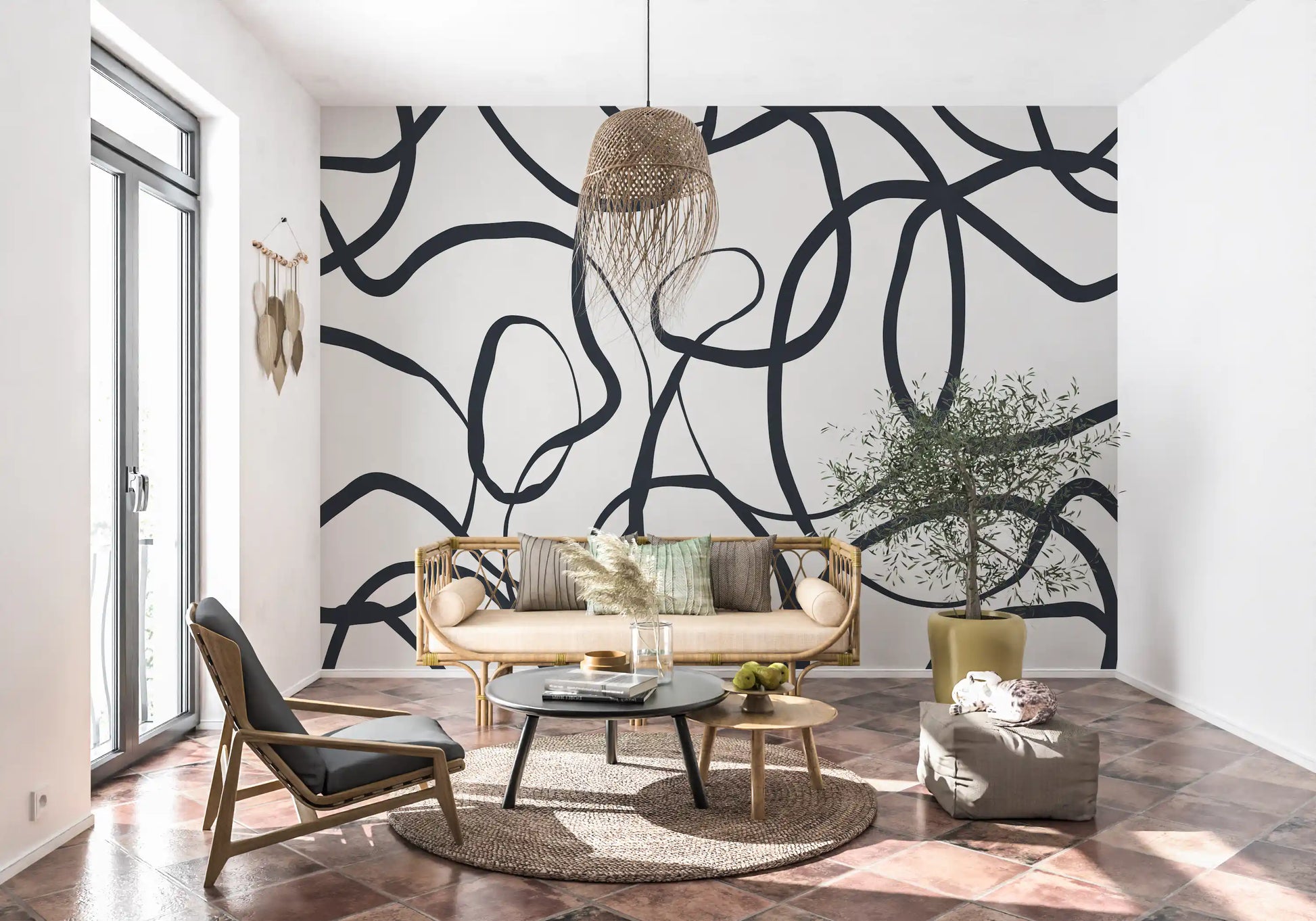 Black looping patterns on bright white Abstract wall mural., GD10297