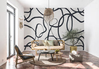 Black looping patterns on bright white Abstract wall mural., GD10297