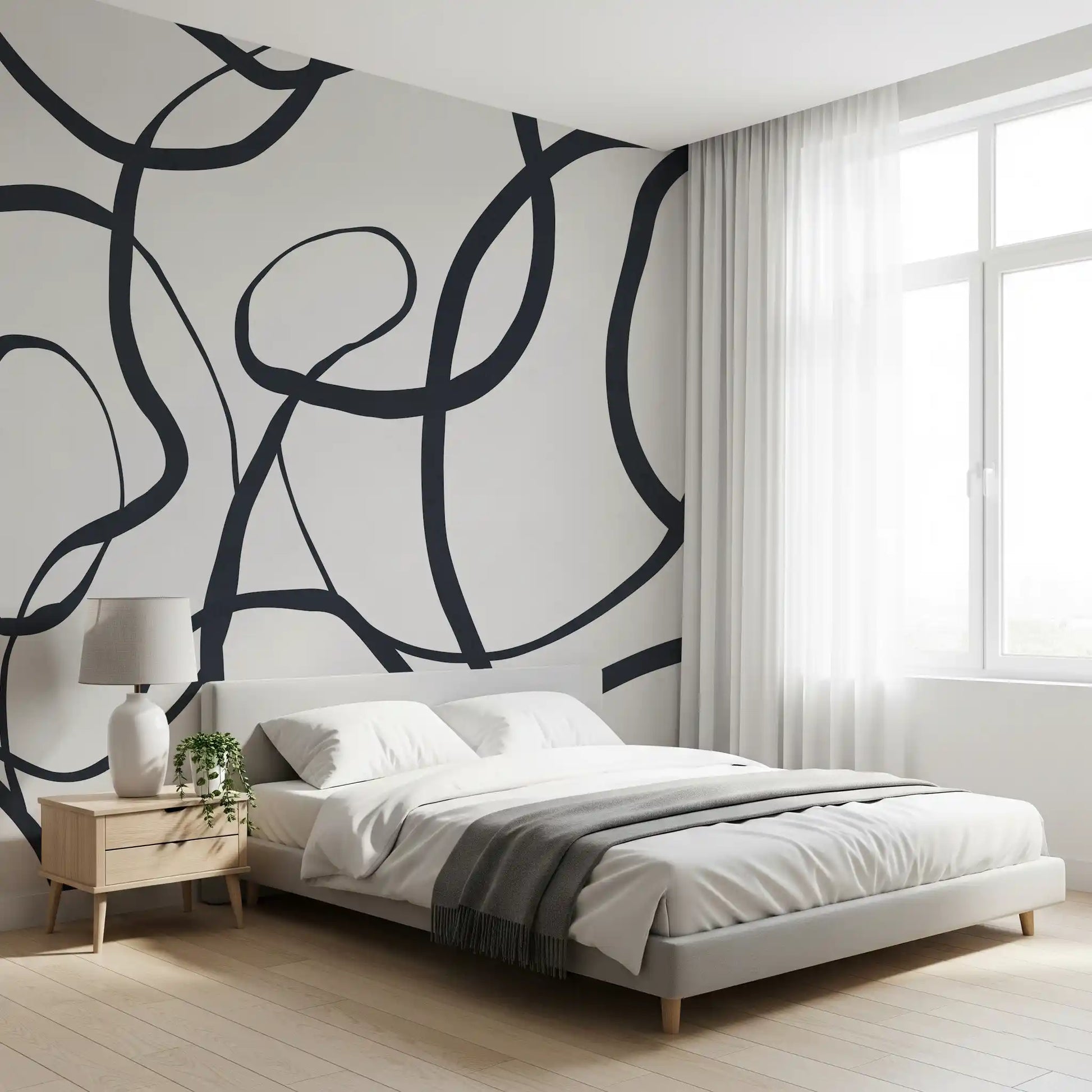 Abstract wall mural with Dark squiggles on white background in bedroom., GD10297