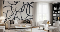 Black Serpentine patterns on white background wall mural for living space., GD10297