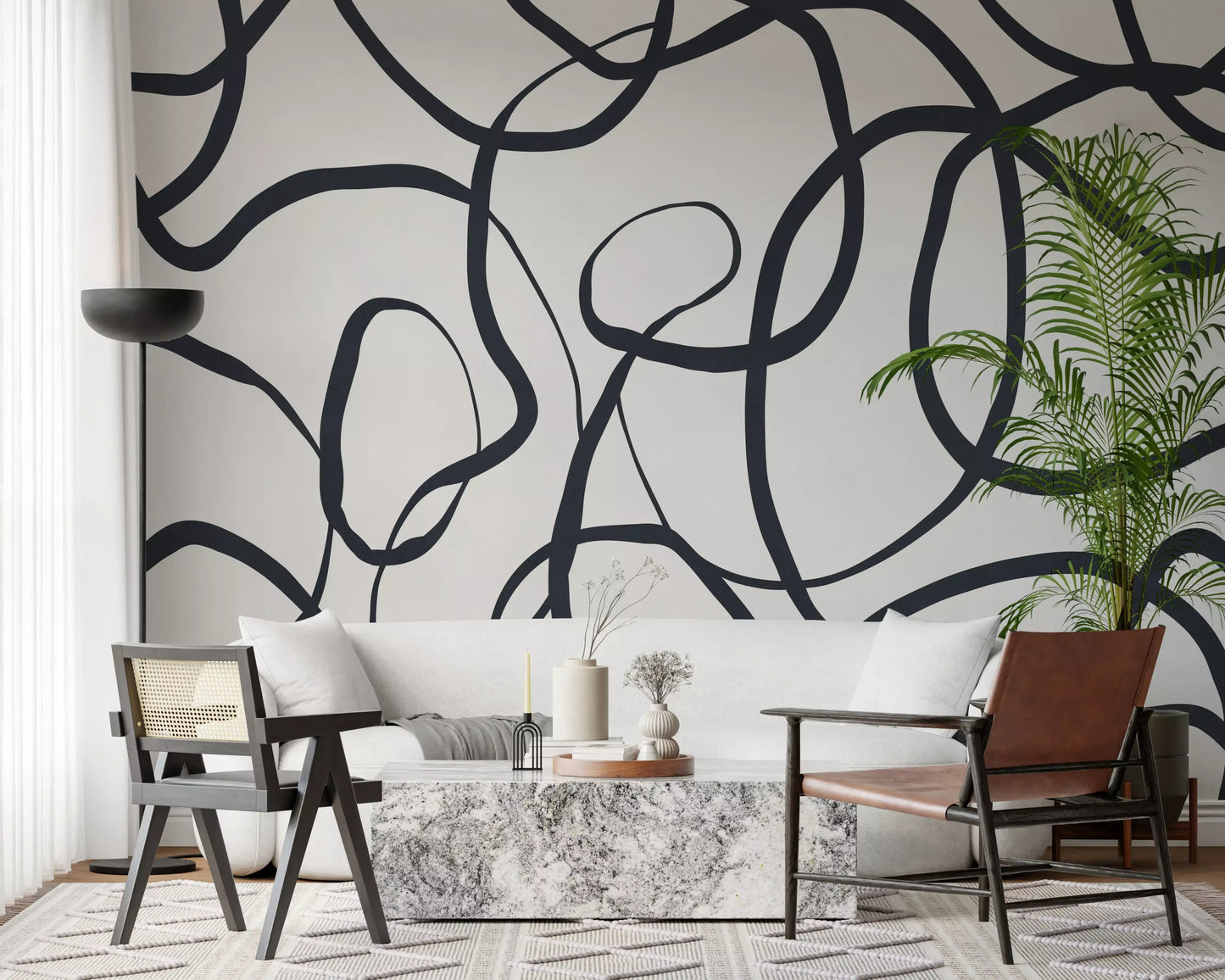 Abstract Serpentine Lines Wall Mural showing continuous dark black curves., GD10297