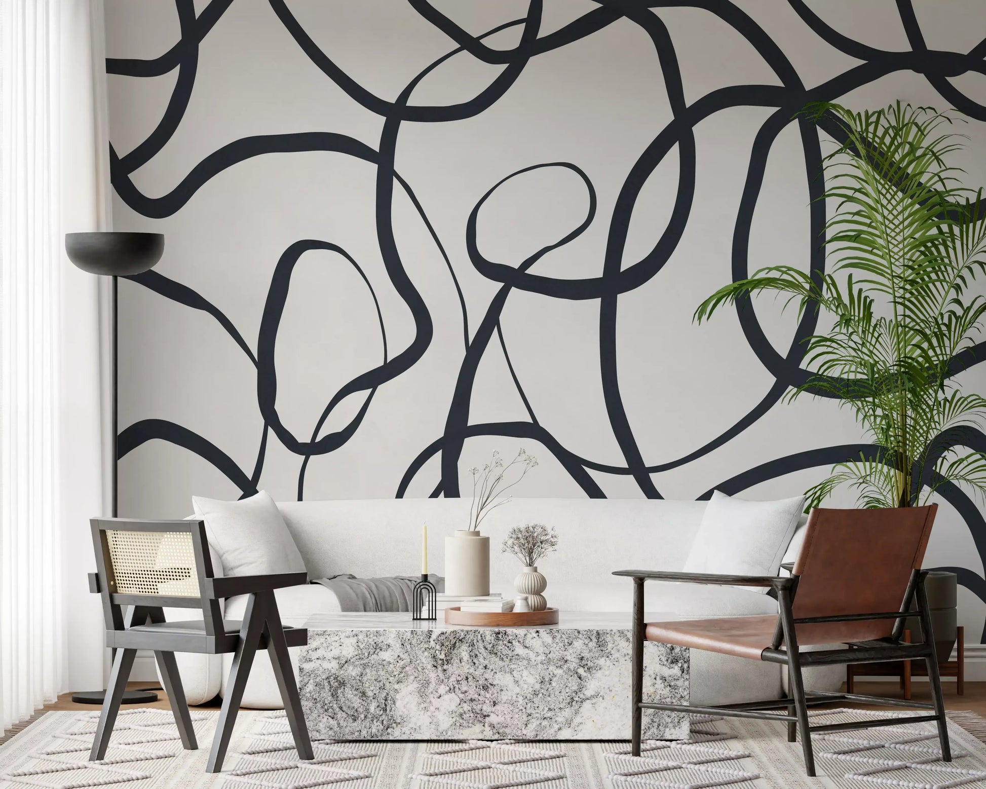 Abstract Serpentine Lines Wall Mural showing continuous dark black curves., GD10297