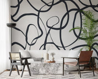 Abstract Serpentine Lines Wall Mural showing continuous dark black curves., GD10297