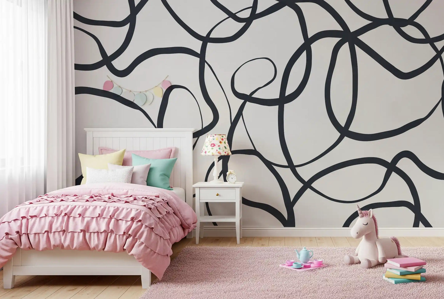 Thick black Serpentine loops covering light colored background wall mural., GD10297