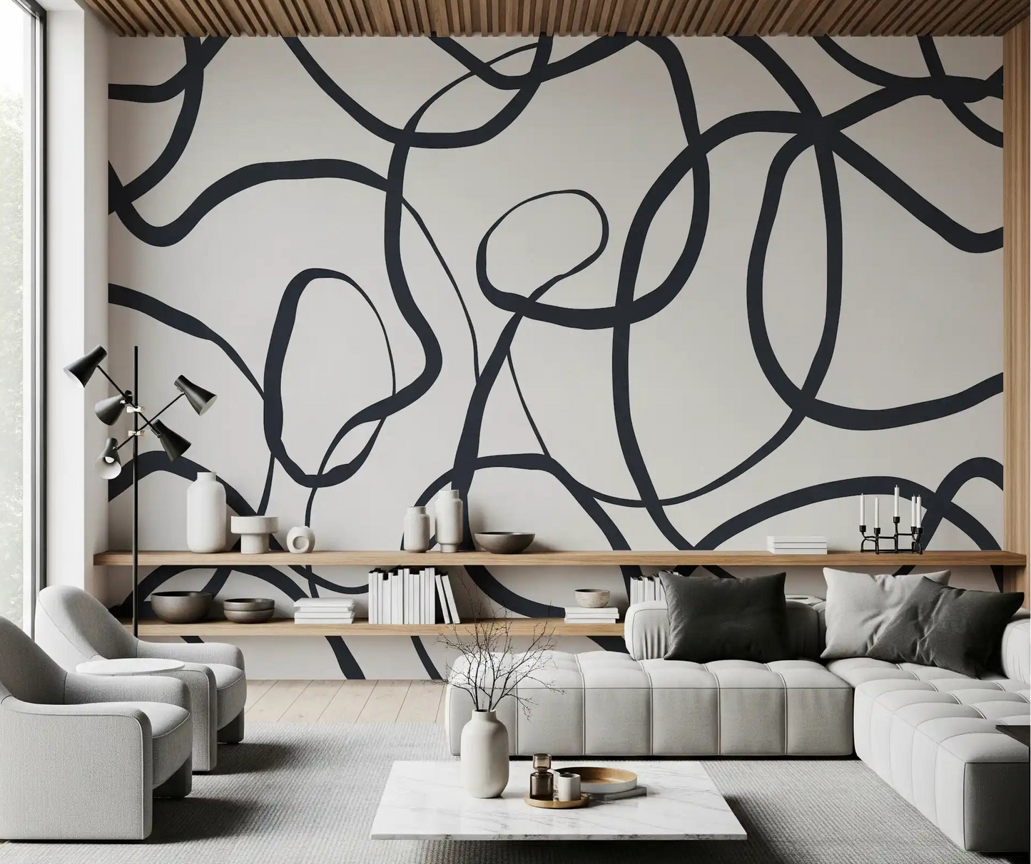 Continuous black curved Lines wall mural in bright living room., GD10297
