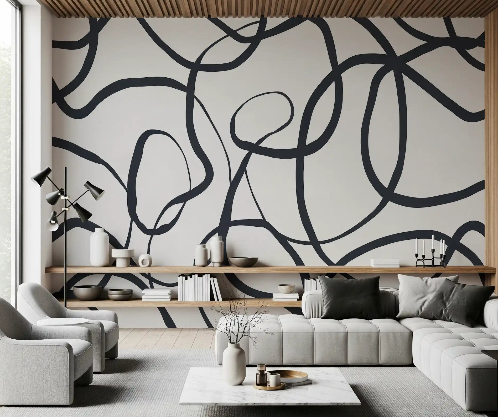 Continuous black curved Lines wall mural in bright living room., GD10297