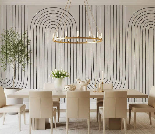 Geometric line art wall mural showing repeating arches with black and white in dining room.