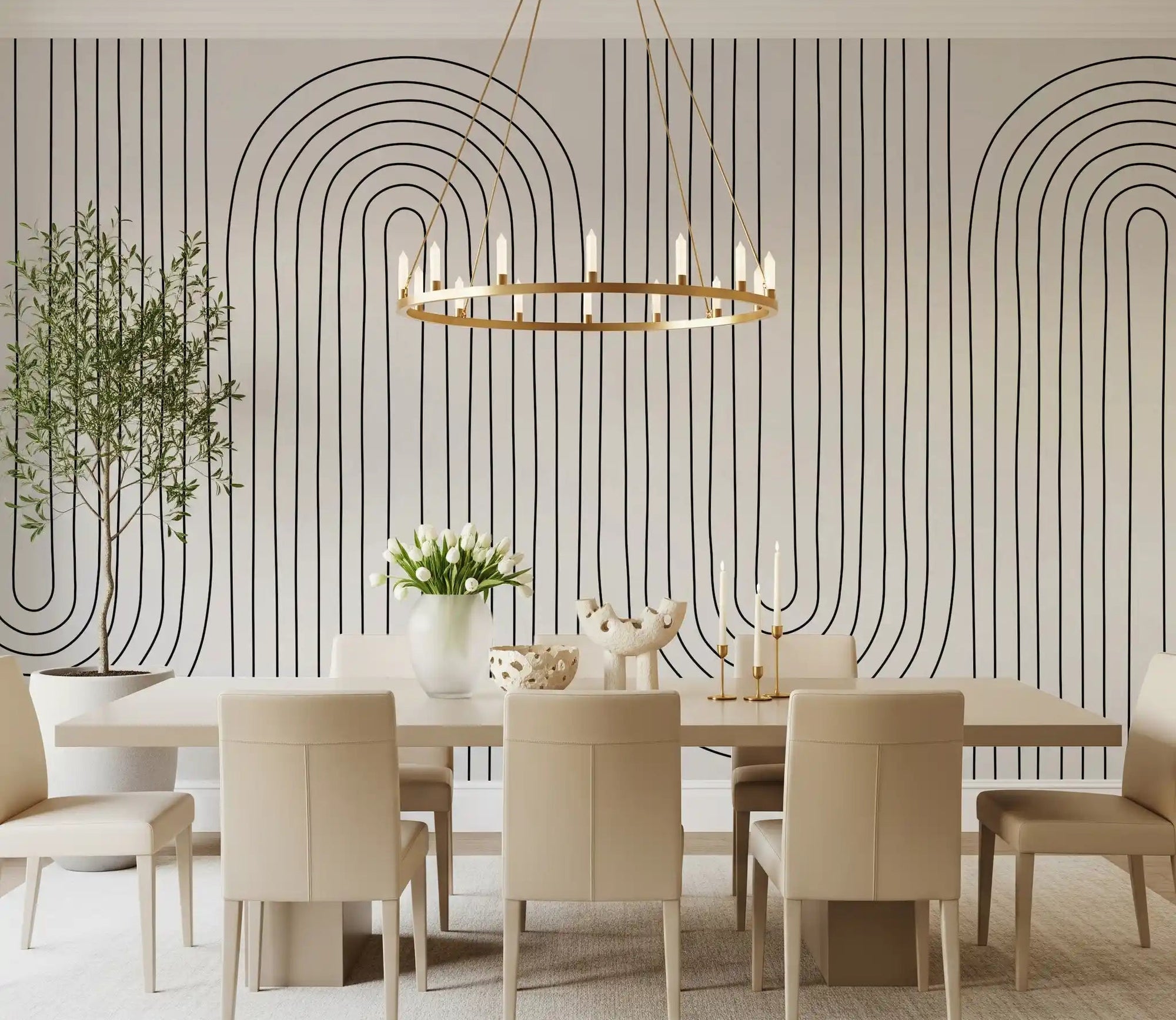Geometric line art wall mural showing repeating arches with black and white in dining room., GD10298