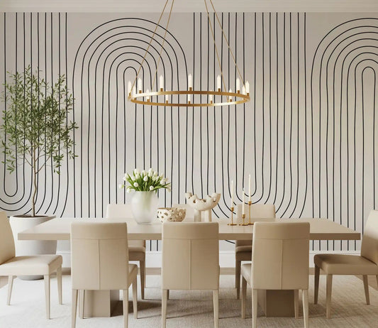 Geometric line art wall mural showing repeating arches with black and white in dining room.