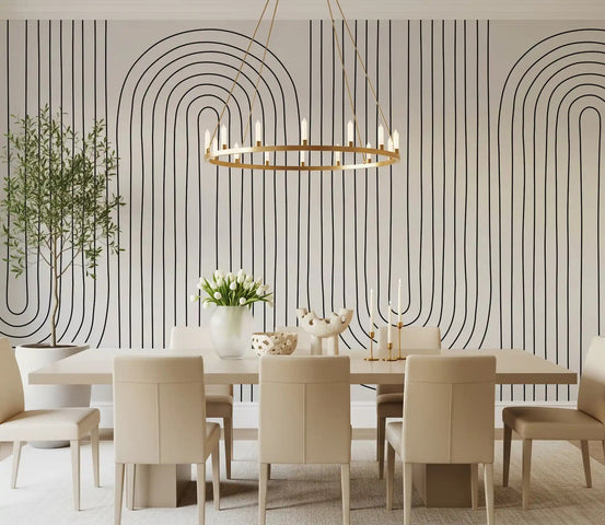 Geometric line art wall mural showing repeating arches with black and white in dining room., GD10298