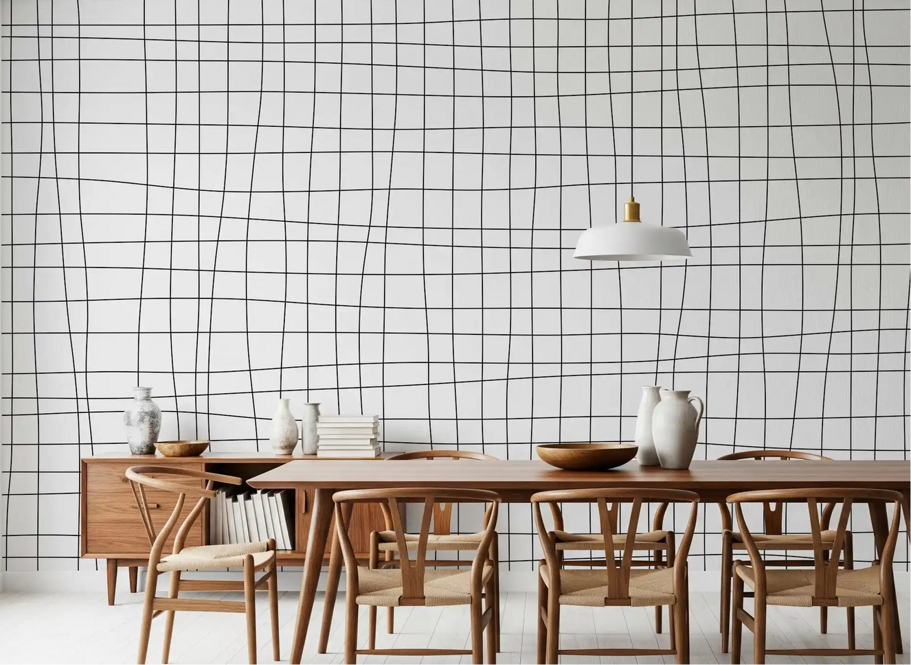 Fluid Grid Pattern Wall Mural in minimalist black and white for modern dining room.