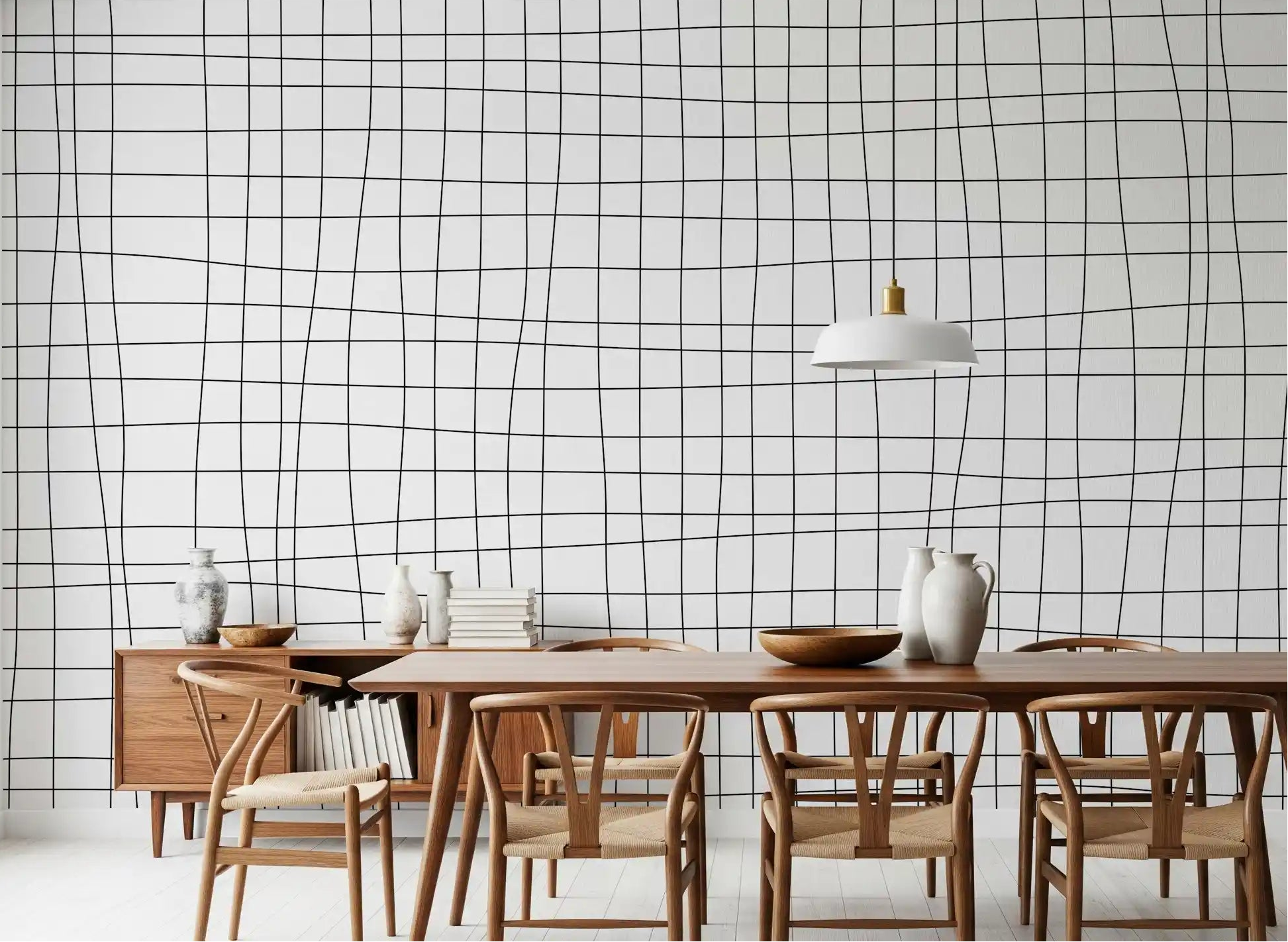 Fluid Grid Pattern Wall Mural in minimalist black and white for modern dining room., GD10300