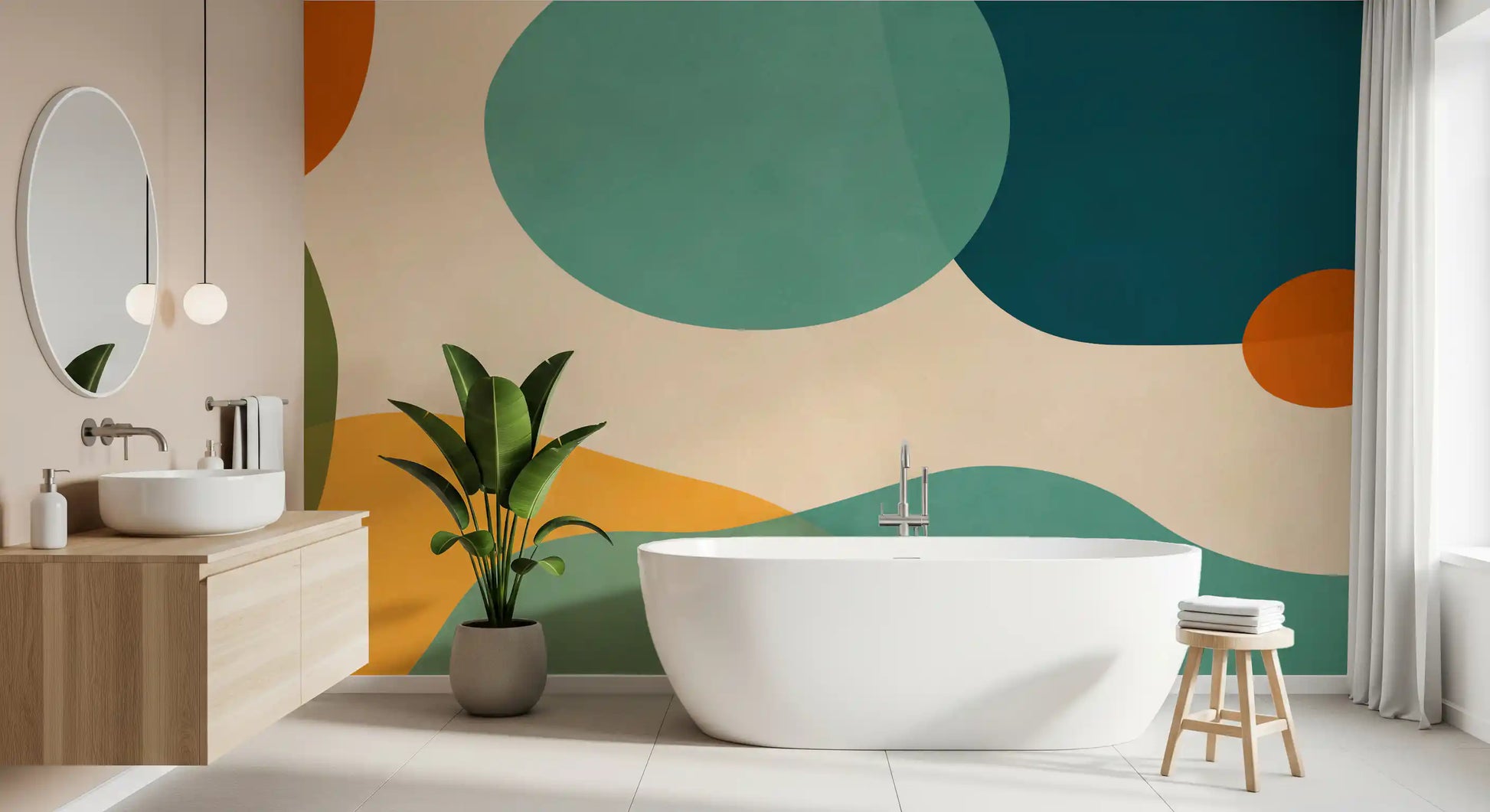 Abstract wall mural for bathroom with organic shapes in navy blue and sage green., GD10301