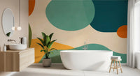 Abstract wall mural for bathroom with organic shapes in navy blue and sage green., GD10301