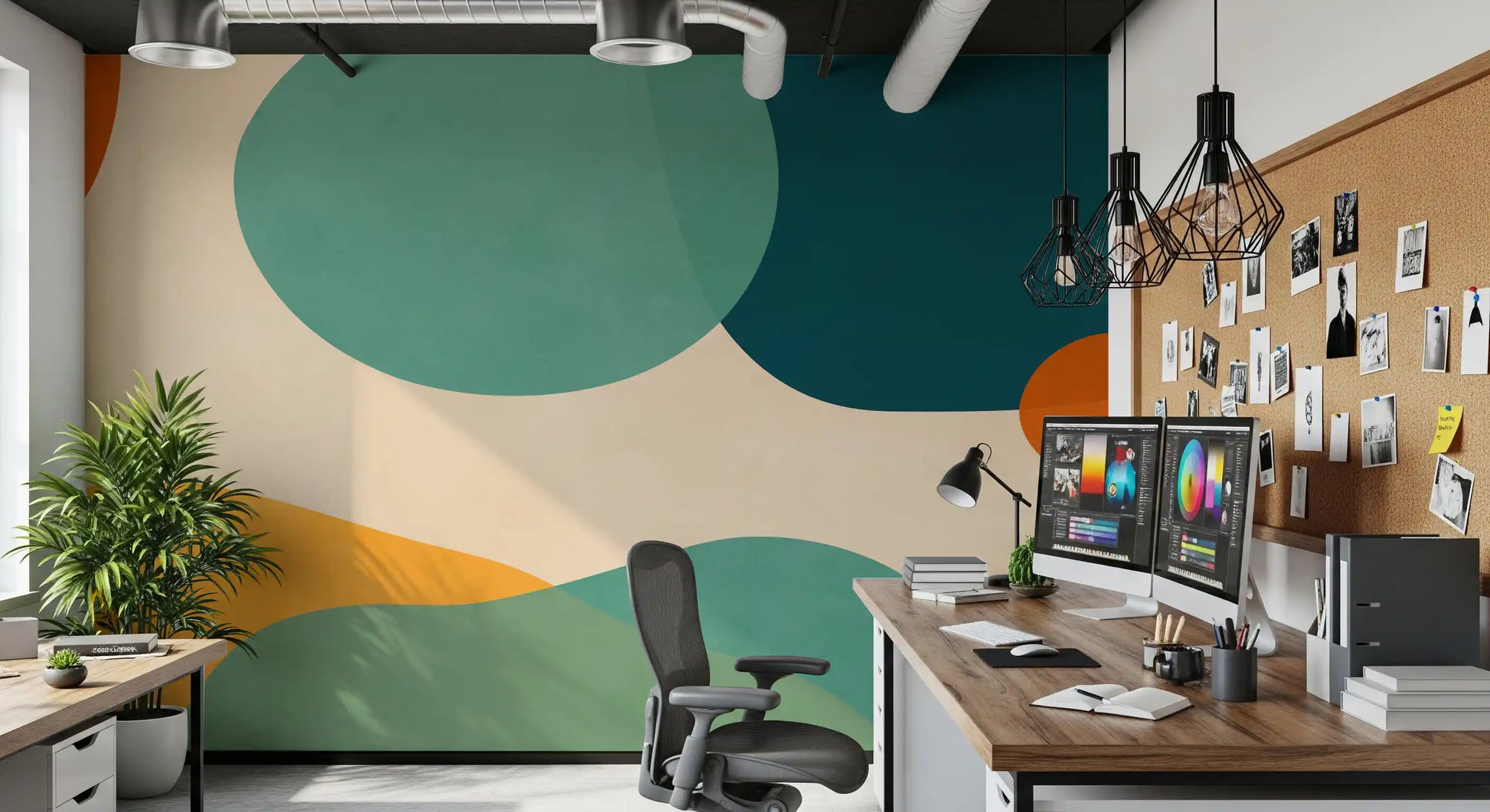 Mid-century design wall mural with flat vector style organic shapes in pastel shades., GD10301