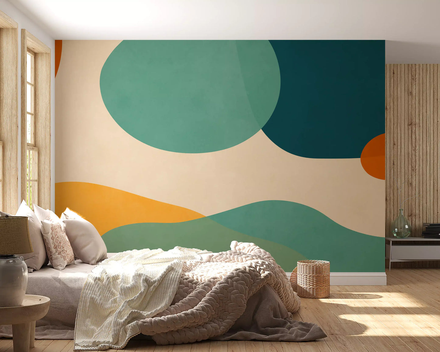 Mid-Century Abstract Flow Wall Mural featuring large colour blocks on a cream base., GD10301