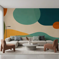 Modern mid-century wall mural with solid geometric shapes in living room., GD10301