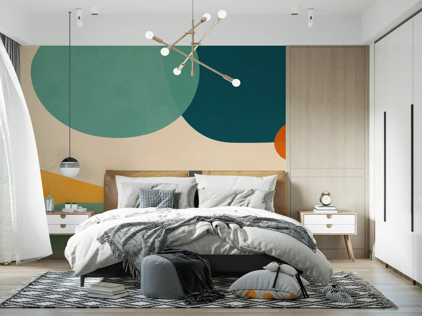 Flow motif wall mural for bedroom interiors featuring earthy brown and sea green., GD10301